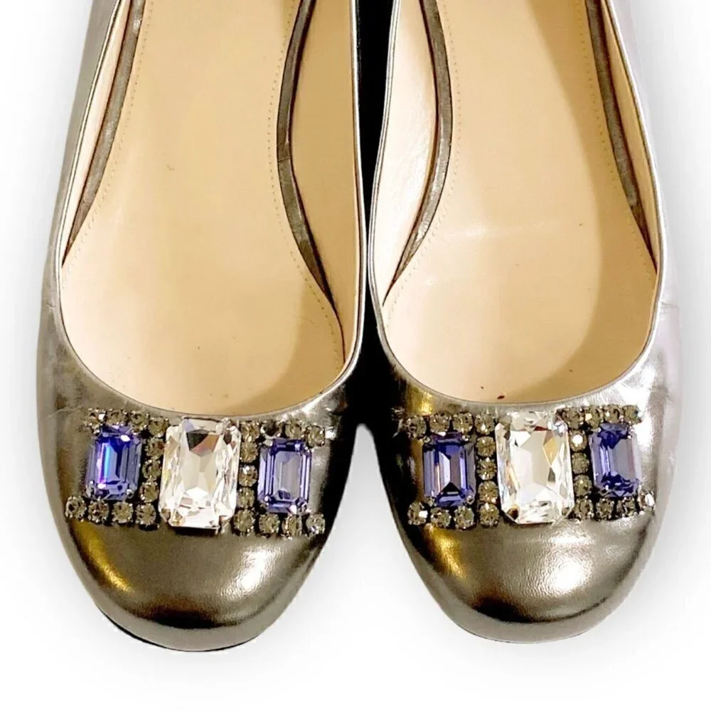 Prada pewter leather jewelled flats, size 38.5 EU